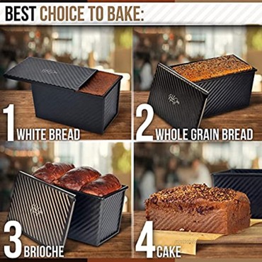 HiliStar Pullman Loaf Pan Set with Lid Cover Dough Scraper Cutter Rubber Sponge Aluminum Pain De Mie Non-stick Bread pan with lid Black Baking box – Toast Bread bakeware 8.3x4.7x4.4