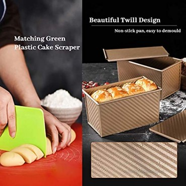 Homemade Bake Ware Toast Loaf Pan with Lid 1lb Non-Stick Pan Gold Color Carbon Steel Bread Toast Mold with Cover Baking Bread Tools + 1pcs Green Food-safe Plastic Bowl Scraper.