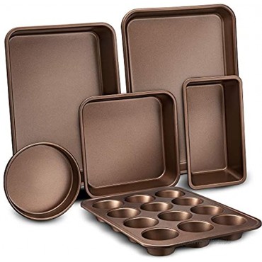 NutriChef 6-Pcs Nonstick Bakeware Set-Highest-Quality Baking Sheets Non-Grease Cookie Trays Wide & Square Bake Pan Bread Loaf & Round Cake Pan Designed Not To Wrap or Bend Out Of Shape,