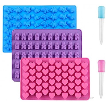 3 Pack Silicone Chocolate Molds Reusable Candy Baking Mold Ice Cube Trays Candies Making Supplies with 2 Droppers Nonstick Silicone Gummy Molds Including Mini Dinosaur Hearts Bear Shape