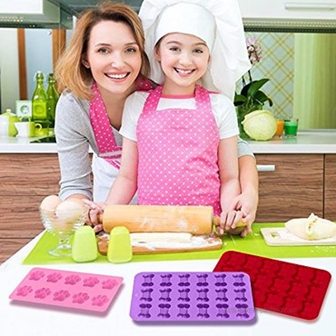 3 Pack Silicone Ice Molds Trays with Puppy Dog Paw and Bone Shape FineGood Reusable Bakeware Maker for Baking Chocolate Candy Oven Microwave Freezer Dishwasher Safe Pink Red Purple