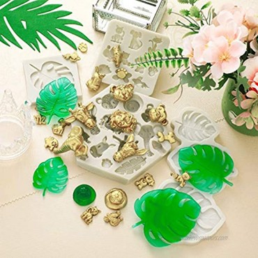 4 Pieces Animal and Tropical Leaf Fondant Animal Silicone Jungle Safari Animal Cupcake Decor for Cake Candy Chocolate Decorating Tray DIY Crafting Projects Gray
