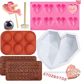 7 PCs Silicone Baking Mold Big Diamond Heart Cake Mold Hot Chocolate Bombs Mold Happy Birthday Letter Molds Number Mold with 2 Wooden Hammers for Making Candy Biscuit ,Jelly Home Bake Heart+Letter