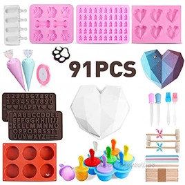 91Pcs Silicone Molds Set with Big Heart Shaped Mold，Number and Letter Mold，Popsicle Mold，Dog Paw Molds，Round Cylinder Chocolate Cover Mold，6 Cup Diamond Heart Shaped Cake Candy Jelly Mold Making