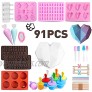91Pcs Silicone Molds Set with Big Heart Shaped Mold，Number and Letter Mold，Popsicle Mold，Dog Paw Molds，Round Cylinder Chocolate Cover Mold，6 Cup Diamond Heart Shaped Cake Candy Jelly Mold Making