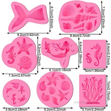 ADXCO 8 Pieces Marine Theme Silicon Fondant Molds Cake Candy Baking Molds Include Mermaid Tail Seahorse Starfish for DIY Baking Decoration Pink