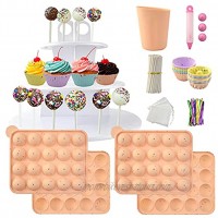 Cake Pop Maker Set Including Silicone Lollipop Molds 3 Tier Display Stand Silicone Cupcake Molds Chocolate Candy Melting Pot Lollipop Sticks Decorating Pen Bags and Twist Ties Orange