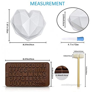 Diamond Heart Mousse Cake Mold Trays Silicone Breakable heart Mold Safe&Not Sticky Mould Heart Molds for Chocolate with Hammers and Dropper,Letter-Number Shaped Mold for Valentine Candy Making