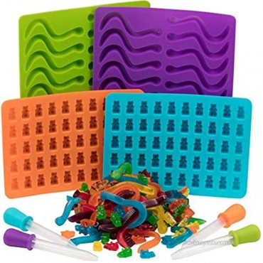 Gummy Bear and Worm Gummy Candy Molds 4 Pack Set XL Nonstick Trays with 2 Droppers for Chocolate Ice Cubes and More Makes 140 Candies BPA-Free