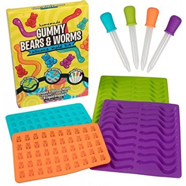 Gummy Bear and Worm Gummy Candy Molds 4 Pack Set XL Nonstick Trays with 2 Droppers for Chocolate Ice Cubes and More Makes 140 Candies BPA-Free