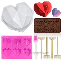 Heart Mold Silicone Molds Diamond Heart Love Shaped Molds Trays Non-Stick Letter Chocolate Molds with Wooden Hammers Silicone Brush for Mousse Cake Dessert Biscuit DIY Baking Tools
