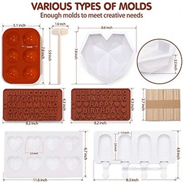 123 Pcs Heart Silicone Molds Set Includes 1x Breakable Heart Mold,1x 8 Cavities Heart Mold,15x Wood Hammers,2x Number and Letter Molds,2x Popsicle Molds,100x Popsicle Sticks,2x Chocolate Bomb Molds