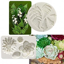 2PCS Fondant Mold Succulent Silicone Fondant Mold Fern Fondant Mold Succulent Leaves Silicone Candy Molds Cake Decoration Molds Gumpaste 3D Silicone Molds for Polymer Clay Cupcakes Resin Sugarcraft