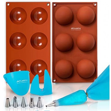 ATLANTIC KITCHEN 2 Pcs Silicone Molds for Chocolate BPA Free Food Grade Hot Chocolate Bomb Mold with Silicone Oven Mitts Piping Bag 6 Nozzles & Nozzle Holder