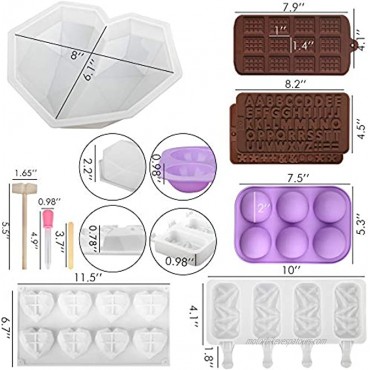 Heart Shaped Cake Silicone Molds Set 8 Cavities Heart Mold Popsicle Molds with 50 Sticks Letter and Number Chocolate Molds 6 Holes Semi Sphere Molds for Baking Candy Jelly and Dog Treat Purple