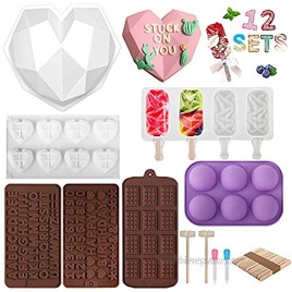 Heart Shaped Cake Silicone Molds Set 8 Cavities Heart Mold Popsicle Molds with 50 Sticks Letter and Number Chocolate Molds 6 Holes Semi Sphere Molds for Baking Candy Jelly and Dog Treat Purple