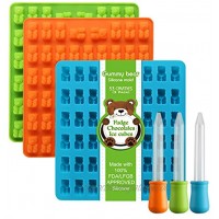 Lizber Newest Generation 3 Packs Silicone Gummy Bear Candy Molds with 53 Cavities 3 Bonus Droppers Perfect for Mints Chocolates Fudge Ice Cubes BPA Free  Blue Green Orange
