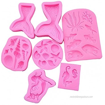 Mermaid Tail Silicone Mold,Seashell,Seaweed,Coral,Mermaid Girl 3D Molds for baking baking Tools for Mermaid Theme Cake Decoration Polymer Clay Molds7pack