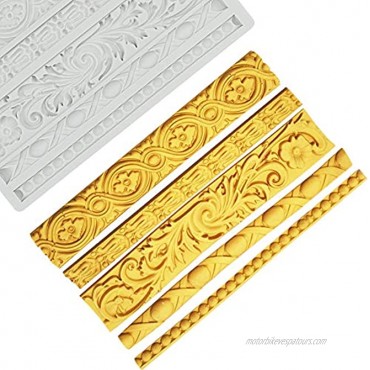 Palksky DIY Baroque Scroll Relief Cake Border Silicone Mold Vintage Curlicues Fondant Molds Flower Frame Edible Lace Mould Mat for Birthday Candy Chocolate Sugarcraft Gum Paste Decorating Tool