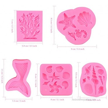 Zezzxu Marine Tail Fondant Silicone Molds Seashell Conch Seahorse Coral Starfish Conch Sea Shapes Cake Baking Decorating Tools for Fondant Chocolate Candy Cupcake Decoration 5 Pack