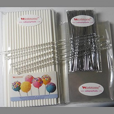100pcs x 6 Lollipop Sticks + 3x5 Bags + Silver Twist Ties + 5 free Clear sticks for Cake Pops Lollipop Candy Silver Ties