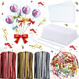2900 Pieces Candy Cake Pop Sticks Set Including 200 Lollipop Sticks and 200 Cellophane Treat Plastic Bags with 2400 Mix Colors Metallic Twist Ties and 100 Bow Twist Ties for Candy Lollipop Cake Pop