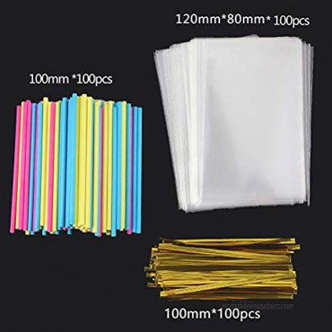 Cake Pop Treat Bag Set 100 PCS Colorful Lollipop Sticks 100 PCS Lollipop Parcel Bags with 100 PCS Metallic Twist Ties