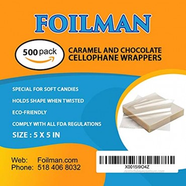 Caramel and Chocolate Wrappers -Great For Soft Cadies And Caramels – Non-stick Wrappers Real Cellophane Wraps – Holds Tightly when Twisted- Eco Friendly 5x5 In. Pack of 500