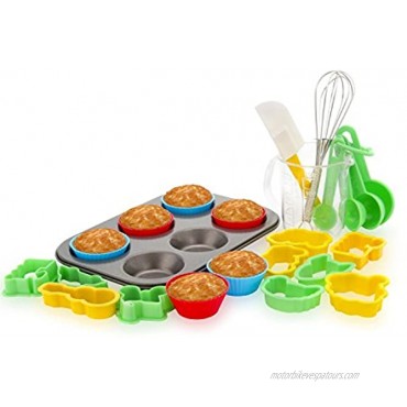 24 PCS Kids Baking Set by Boxiki Kitchen. Includes 1 Muffin Pan 6 Silicone Cupcake Liners 10 Cookie Cutters Spatula Egg Whisk Mini Measuring Cup and 4 Measuring Spoons.
