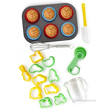 24 PCS Kids Baking Set by Boxiki Kitchen. Includes 1 Muffin Pan 6 Silicone Cupcake Liners 10 Cookie Cutters Spatula Egg Whisk Mini Measuring Cup and 4 Measuring Spoons.