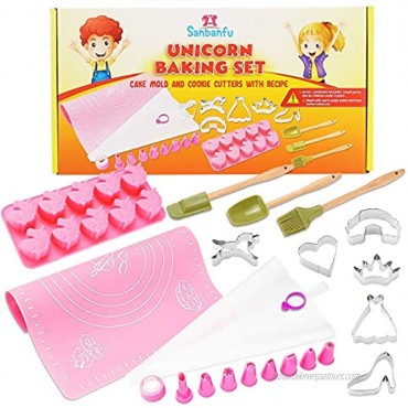Sanbanfu Fun Real Baking Set with Kids Unicorn Cookie Cutters Unicorn Mold Kid Size Kitchen Baking Tools,Baking Toys for Todders Girls Boys,Silicone Mat with Measurements Recipes