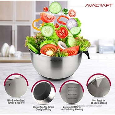 AVACRAFT 18 10 Top Rated Stainless Steel Mixing Bowls with Lids non slip silicone base bowls with Handle Mixing Bowl Set with Pour Spouts & Measurement Marks Home Essentials Cooking Bowls Black