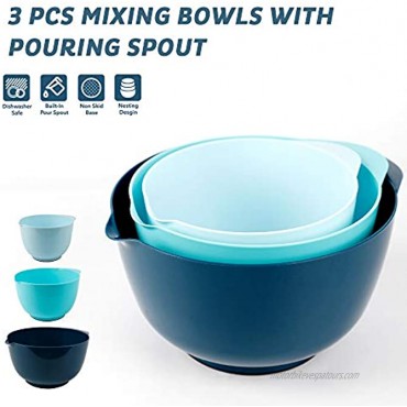 Classic Mixing Bowls with Pour Spout Set BPA Free and Dishwasher Safe Blue Set of 3