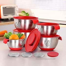 Lemecima Mixing Bowls with Lids Set 8PCS Metal Mixing Bowls with Handle 304 Stainless Steel Non-Slip Kitchen Nesting Bowls with Graters Pour Spout BPA-Free Airtight Lids