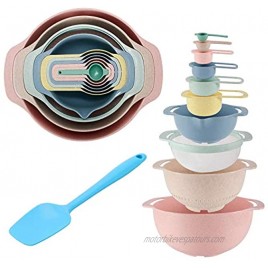 Mixing Bowls Set of 10 + Silicone Spatula YJHome BPA Free Plastic Nesting Mixing Bowls,Stackable Storage Bowls Measuring Cups Sieve Colander Mesh Strainer for Salad Cooking Baking,Multi-Color