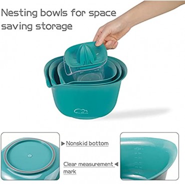 Mixing Bowls Set of 12 Plastic Nesting Bowls with Measuring Cups Spoons Colander Citrus Squeezer for Kitchen Baking Cooking Prepping and Serving Deep Mixing Bowl with Non Slip Bottom and SpoutBlue