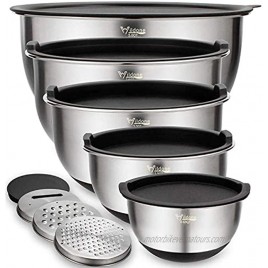 Mixing Bowls Set of 5 Wildone Stainless Steel Nesting Bowls with Airtight Lids 3 Grater Attachments Measurement Marks & Non-Slip Bottoms Size 5 3 2 1.5 0.63 QT Great for Mixing & Serving