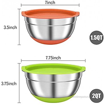 Mixing Bowls Set with Airtight Lids 2 Pack Stainless Steel Nesting Colorful Mixing Bowls for Kitchen Non-Slip Silicone Bottom Size 2 1.5 QT Fit for Mixing & Serving