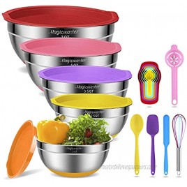 Mixing Bowls with Airtight Lids 16 pcs Stainless Steel Nesting Bowls Set with Non-Slip Silicone Bottom – Size 7qt 5qt 3.5qt 2.5qt 2qt for Mixing Serving Whisk Spatula Egg Yolk Separator