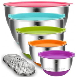 Mixing Bowls with Airtight Lids Blingco Stainless Steel Metal Nesting Bowls Set of 5 Size 5 3 2 1.5 0.63 QT,3 Grater Attachments Colorful Non-Slip Bottoms,Great for Mixing & Serving
