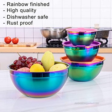 Rainbow Mixing Bowls with Lid 4 Piece Stainless Steel Salad Nesting Bowl Set for Chef Prep Cooking Baking Kitchen Food Preparation Fruit Serving Storage Colorful Multicolor Bowl 1.47 2.64 4.33 6.87 Qt