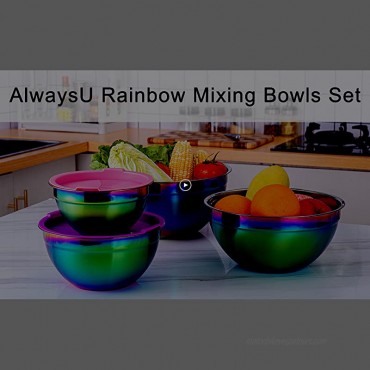 Rainbow Mixing Bowls with Lid 4 Piece Stainless Steel Salad Nesting Bowl Set for Chef Prep Cooking Baking Kitchen Food Preparation Fruit Serving Storage Colorful Multicolor Bowl 1.47 2.64 4.33 6.87 Qt
