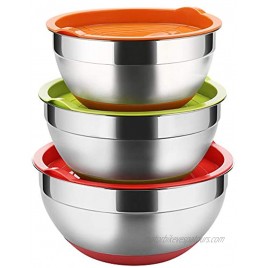 Stainless Steel Mixing Bowls with Lids Set of 3 Non Slip Colorful Silicone Bottom Nesting Storage Bowls by Regiller-yyi Polished Mirror Finish For Healthy Meal Mixing and Prepping 2.5 3.5-4.2QT