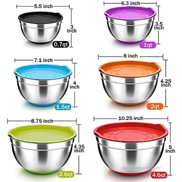 TeamFar Mixing Bowls Salad Mixing Bowls with Lids Stainless Steel Nesting Bowls with Air-tight Lids & Silicone Bottom Healthy & Non Slip Stackable Set of 6 4.6 2.6 2 1.5 1 0.7 Qt