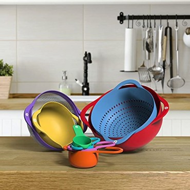 Vremi 13 Piece Mixing Bowl Set Colorful Kitchen Bowls Colander Mesh Strainer with Handles Measuring Cups and Spoons BPA Free Plastic Nesting Bowls with Easy Pour Spout for Baking Cooking and More