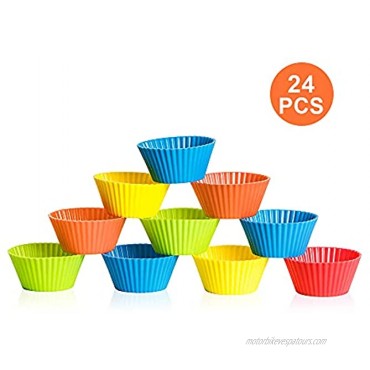 24 Pcs Silicone Muffin Baking Cups CILLIFE Non-Stick 100% Food Grade Reusable Cupcake Liners Cake Mold with 10 Pcs Heart Cupcake Toppers for Party Christmas 6 Rainbow Colors