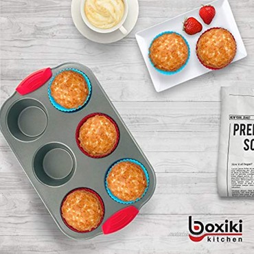 6 Cup Muffin Pan with Silicone Muffin Liners Set of 6 by Boxiki Kitchen. Premium Non-Stick Baking Muffin Tin with Silicone Muffin Liners.