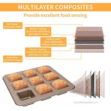 Brownie Pan 9-Cavity Non-Stick Brownie Pans Square Muffin Pan Heavy-Weight Carbon Steel Bakeware for Oven Baking 11X 11 X 1.6 Champagne Gold