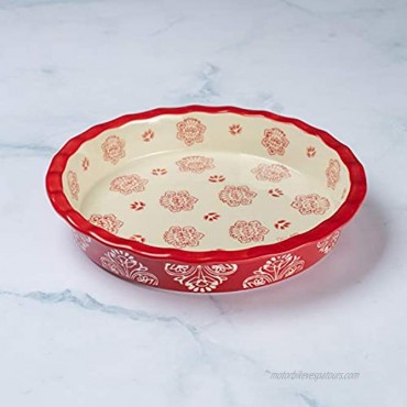 Oven to Table Ruffled Pie Plate Dish Red 100% Stoneware Ceramic Baking Dishes for Cooking & Serving 1.41 Quart Deep Dish Pie Pan Bakeware is Dishwasher & Microwave Safe 9” x 1.5” Cookware Pans