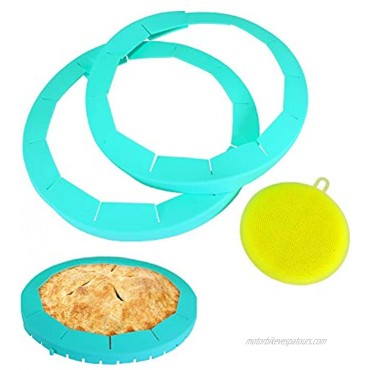 Rowno 2 Pack Silicone Pie Crust Shield Comes with Silicone Scrubber 2 Blue Adjustable Protectors for Pie and Pizza Crust size 8 to 11 inch